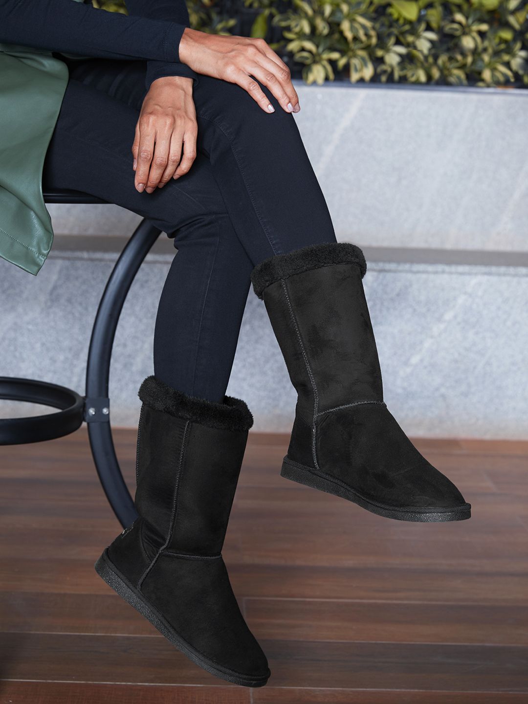 Carlton London Women Black Solid High-Top Snug Boots Price in India