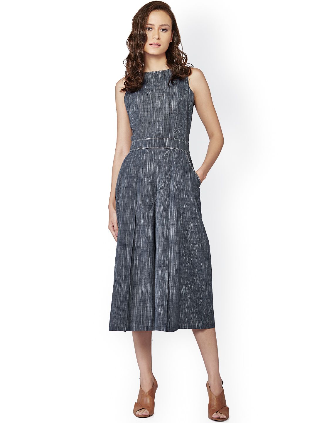 AND Grey & Navy Blue Self-Design Culotte Jumpsuit Price in India