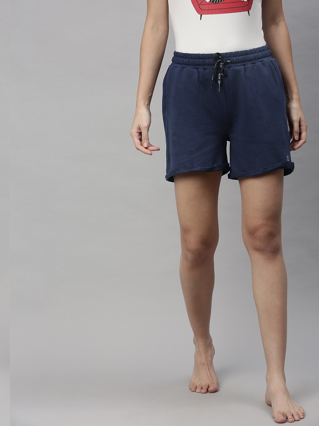 Allen Solly Woman Navy Blue Solid Pure Cotton Lounge Shorts Price in India
