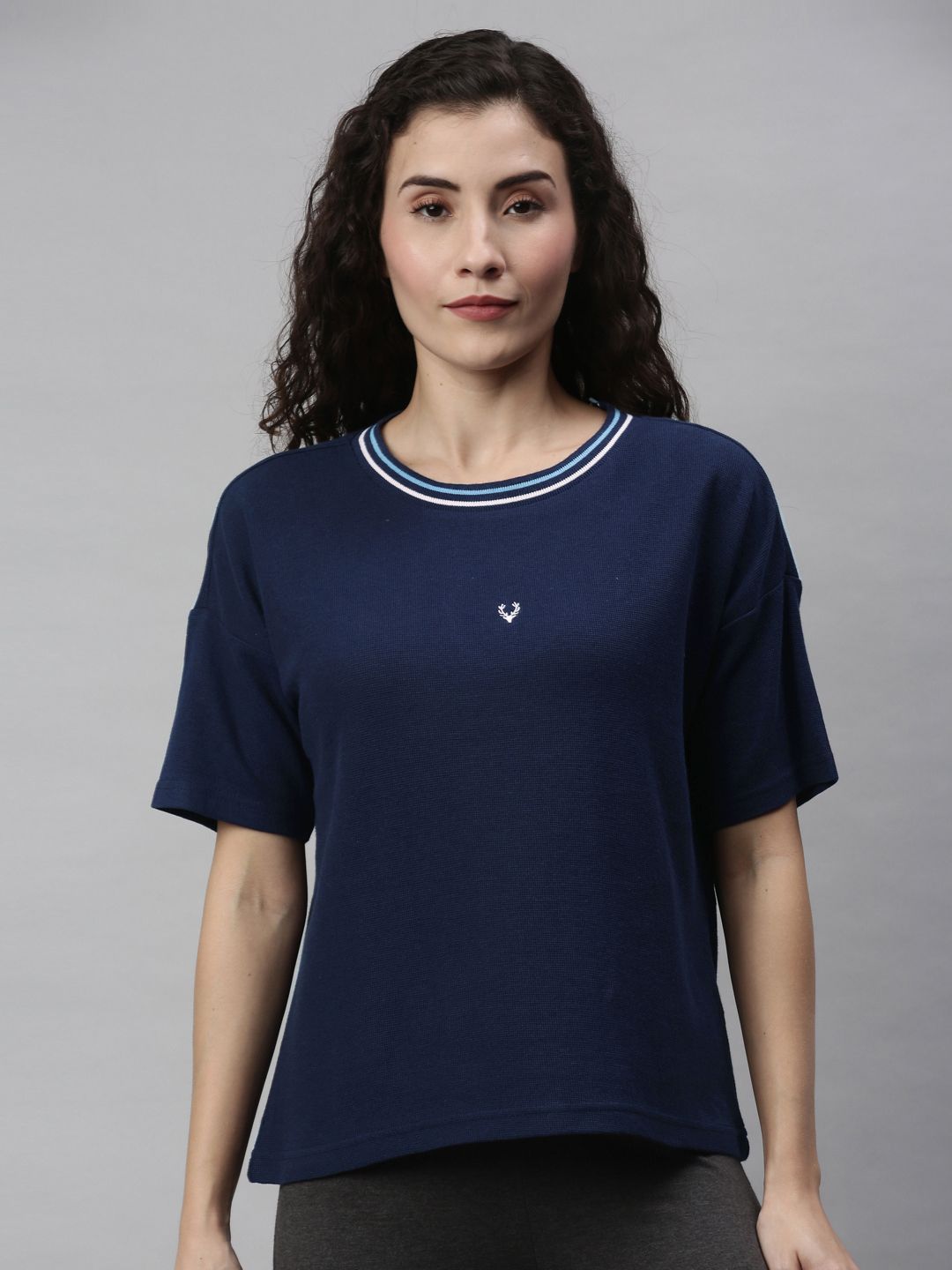 Allen Solly Woman Navy Blue Solid Round Neck Cotton Lounge T-shirt Price in India