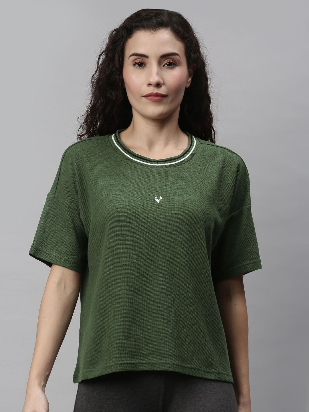 Allen Solly Woman Olive Green Solid Round Neck Cotton Lounge T-shirt Price in India