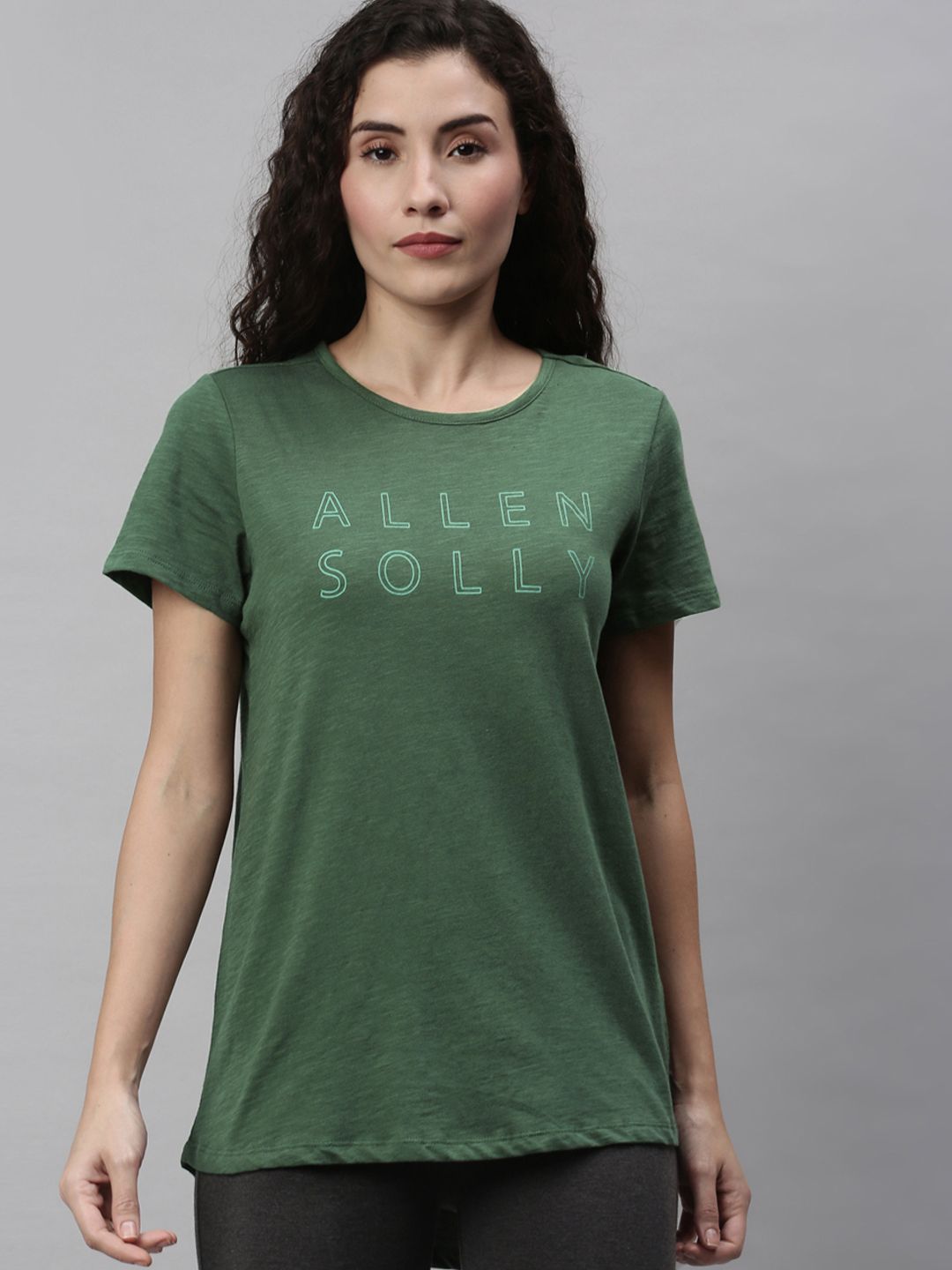 Allen Solly Woman Olive Green Brand Logo Printed Longline Cotton Lounge T-shirt Price in India