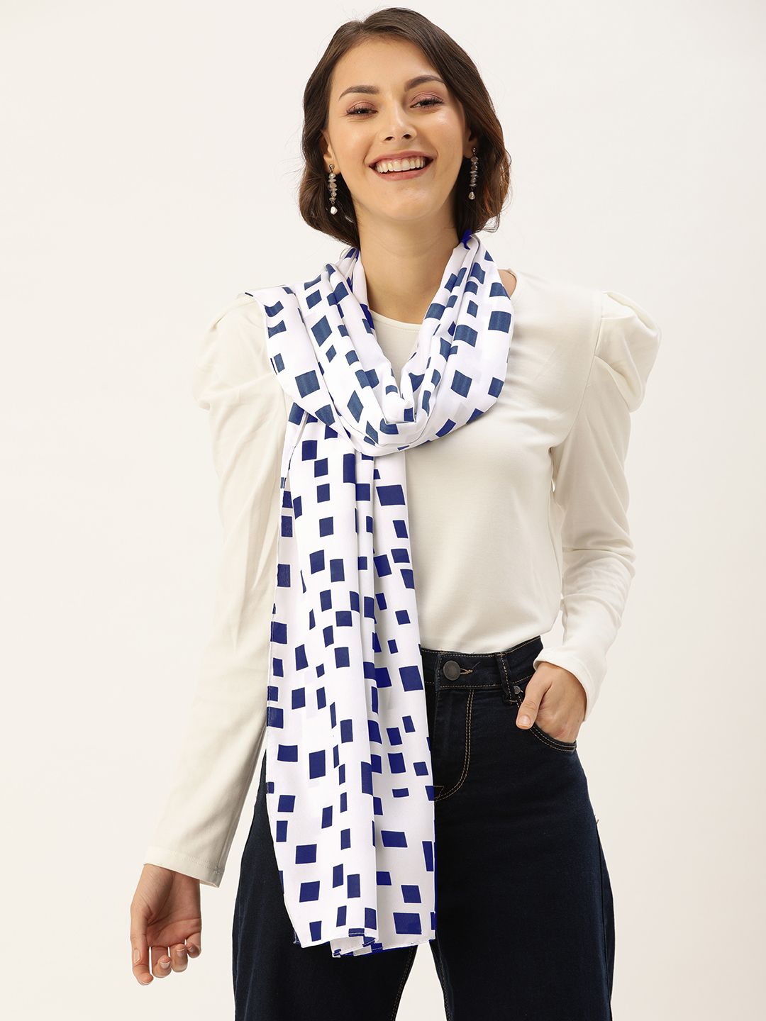 DressBerry Women White & Navy Blue Printed Scarf Price in India