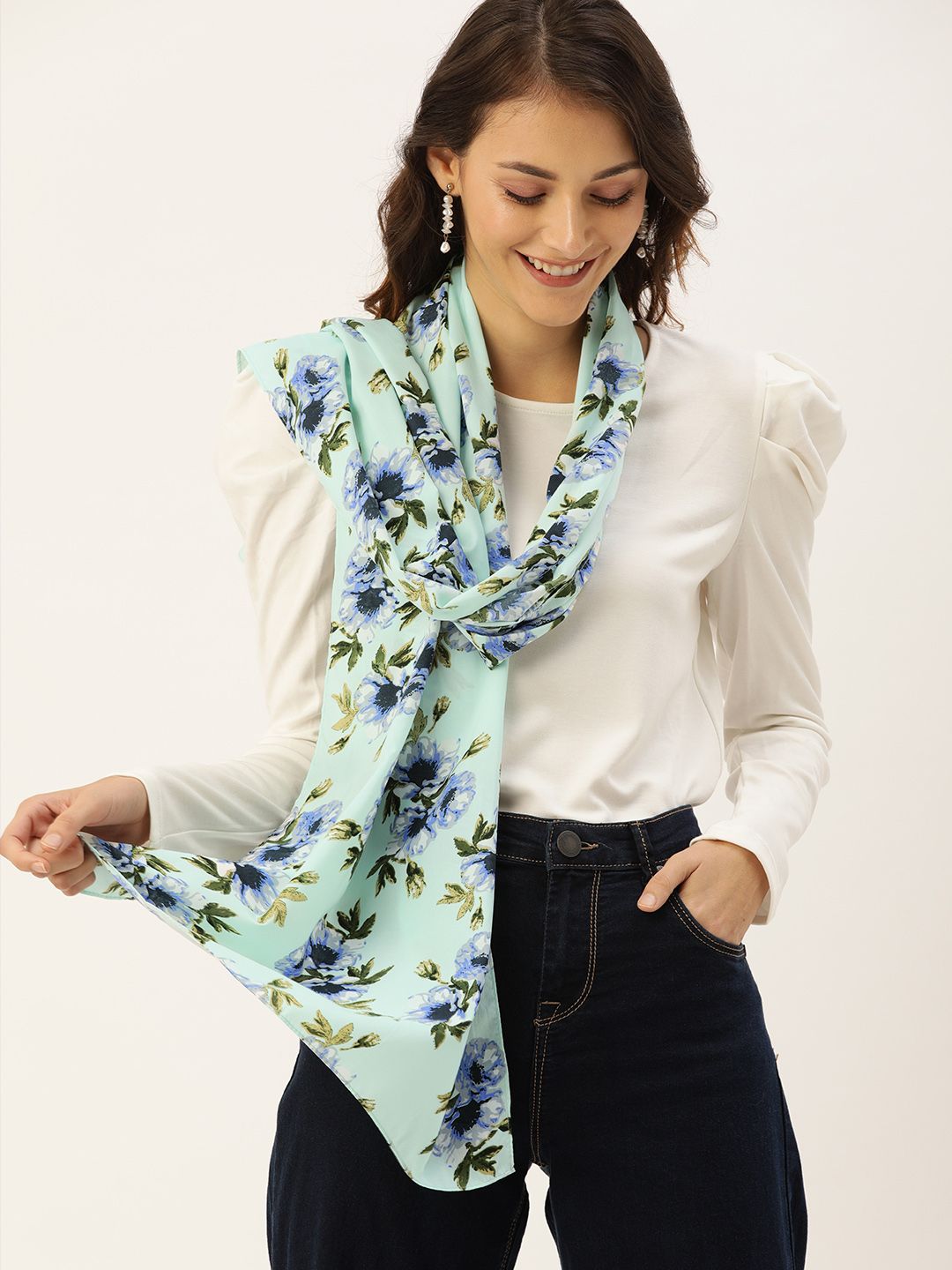 DressBerry Women Sea Green & Navy Blue Printed Scarf Price in India