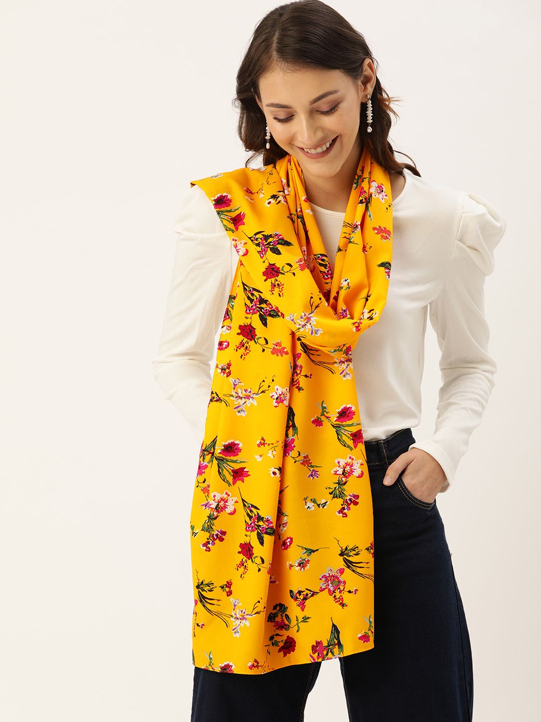 DressBerry Women Mustard & Pink Printed Scarf Price in India