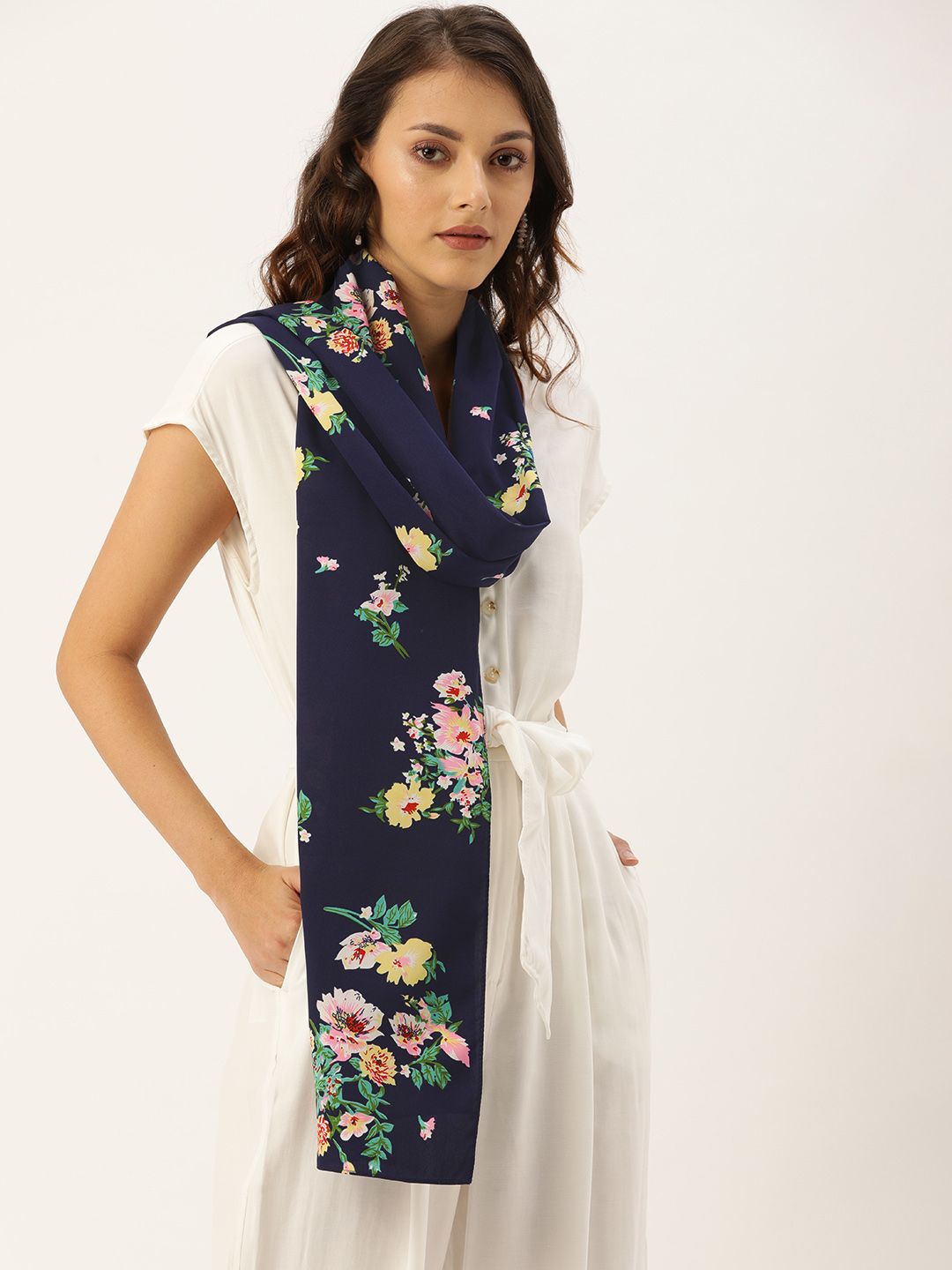 DressBerry Women Navy Blue & Pink Printed Scarf Price in India