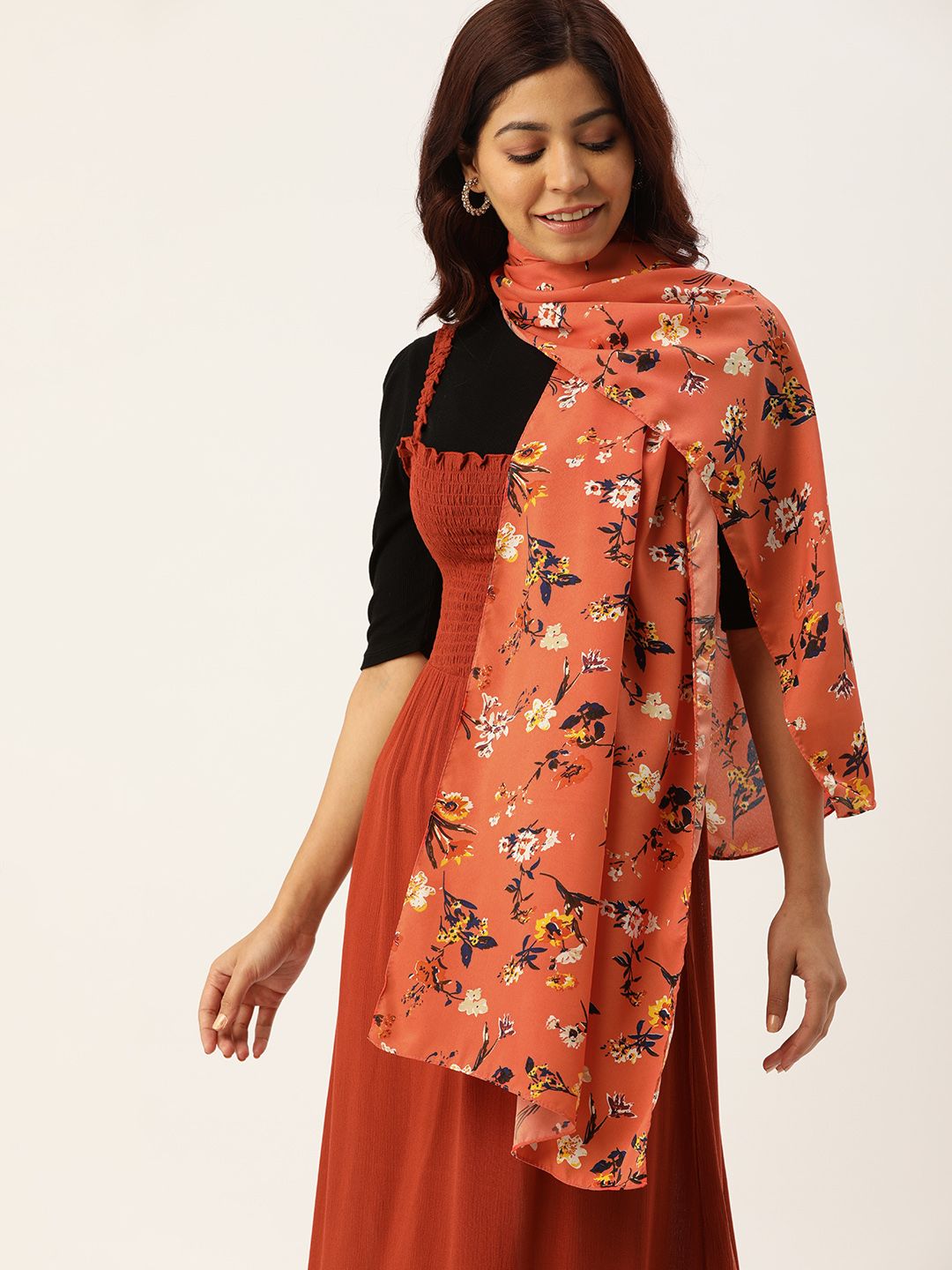DressBerry Women Coral & Brown Printed Scarf Price in India
