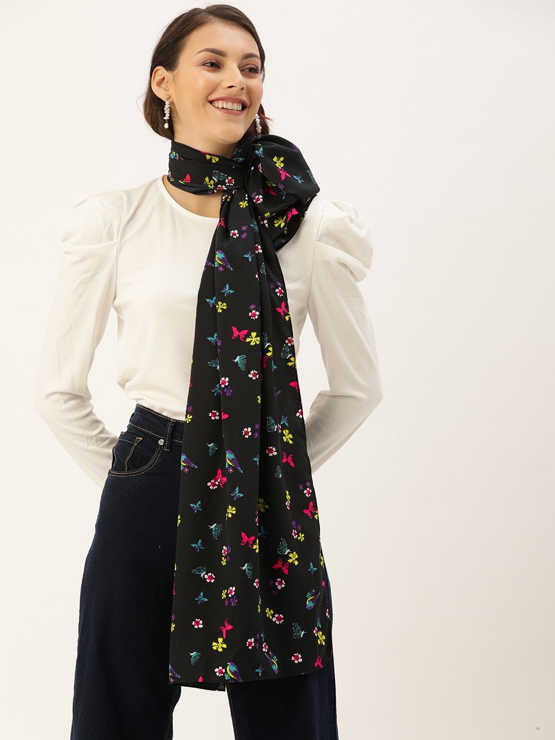 DressBerry Women Black & Multicoloured Printed Scarf Price in India
