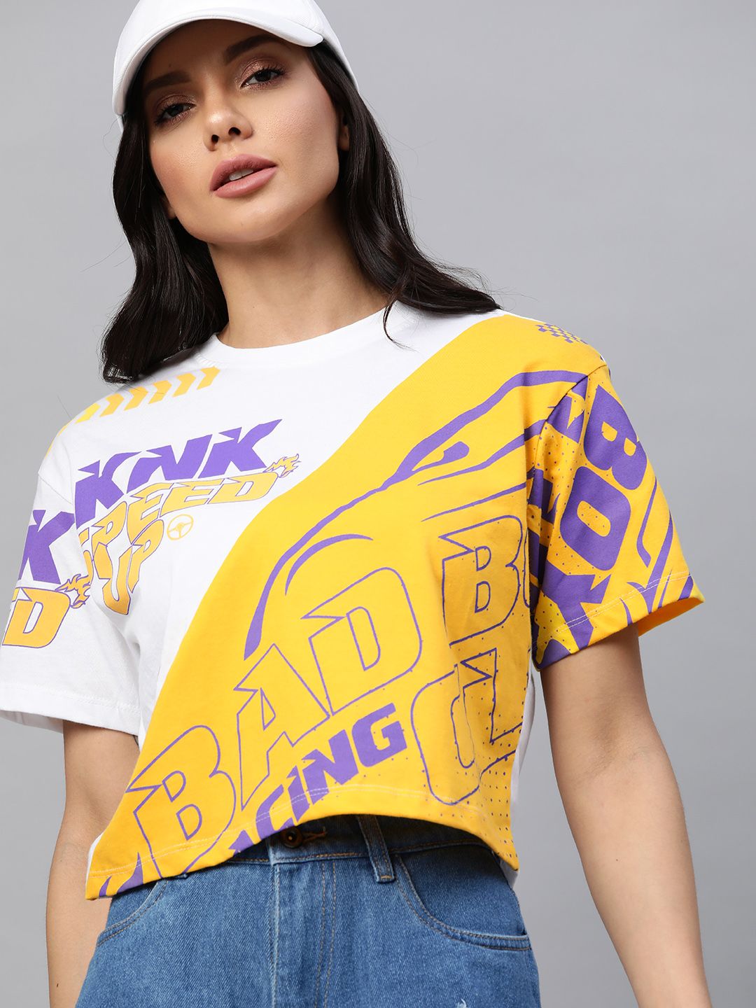 Kook N Keech Women White & Yellow Typography Drop-Shoulder Sleeves Pure Cotton T-shirt