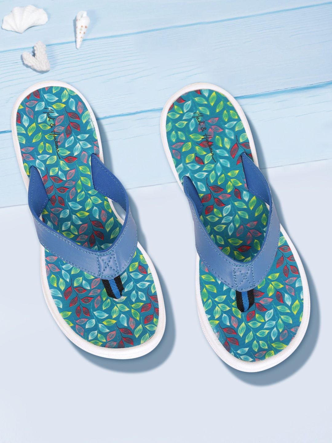 Mast & Harbour Women Blue & Green Leaf Print Thong Flip-Flops Price in India