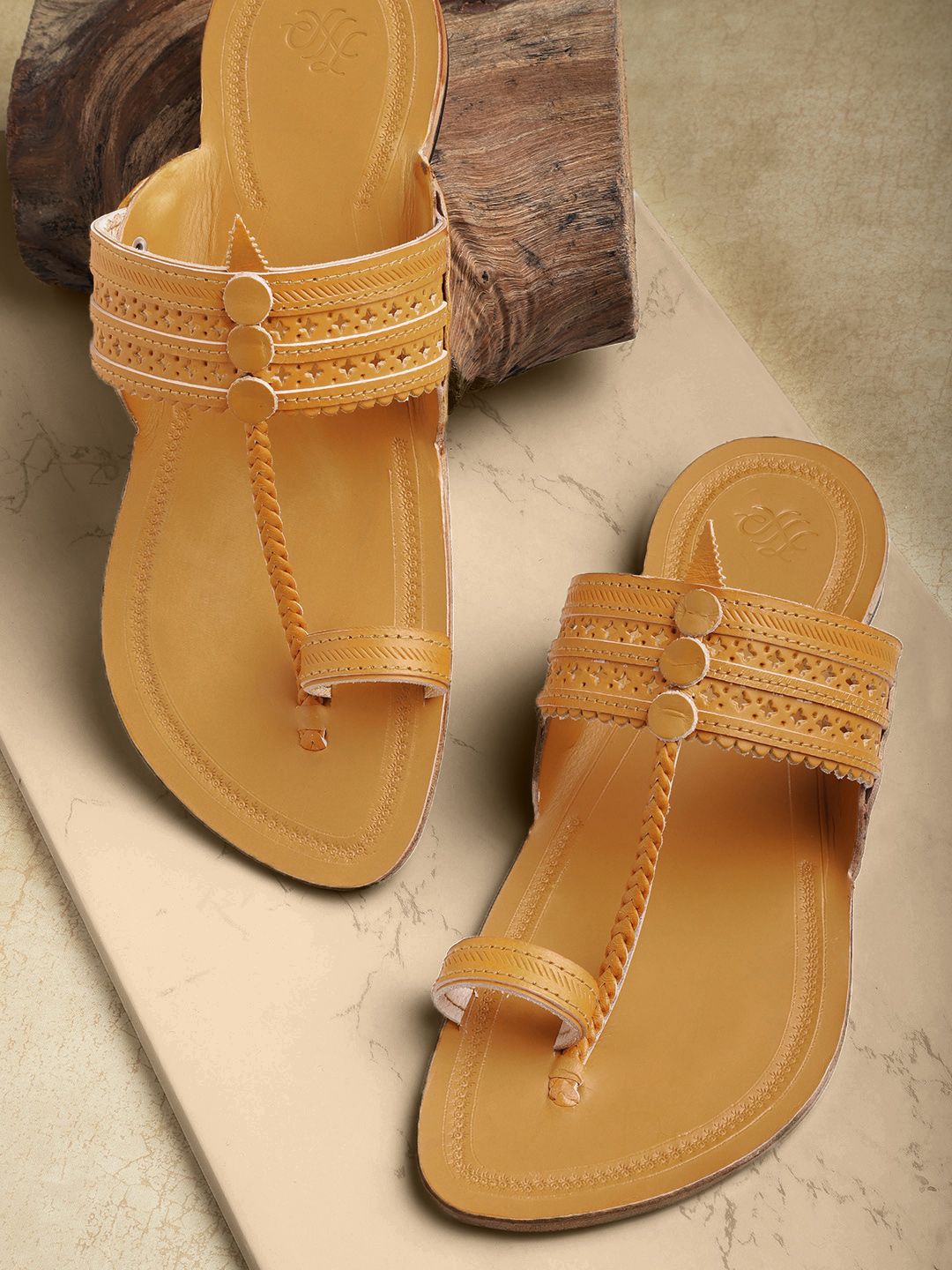 House of Pataudi Men Mustard Yellow Textured Handcrafted Leather Comfort Sandals