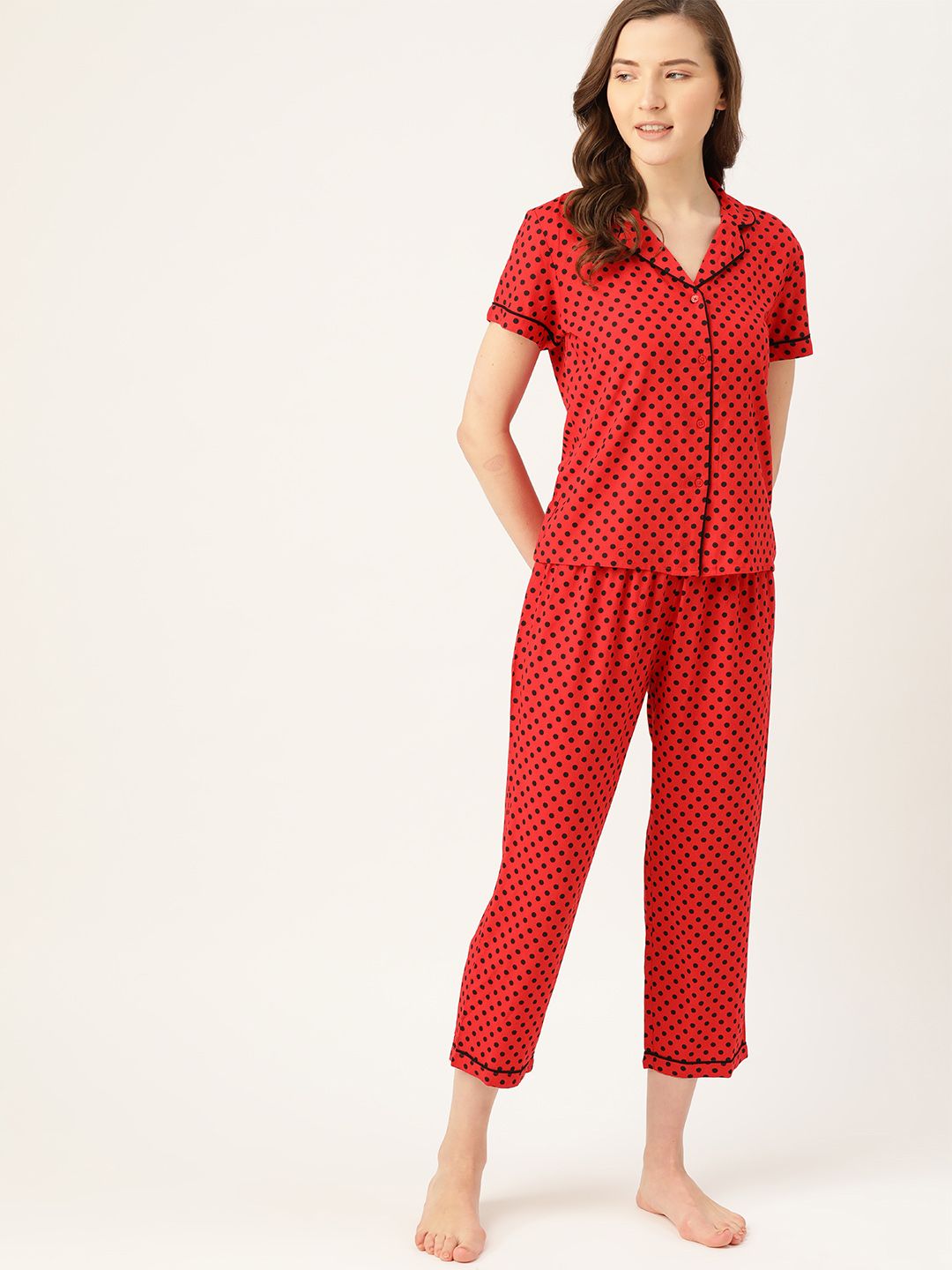 ETC Women Red & Black Polka Dot Printed Night Suit Price in India