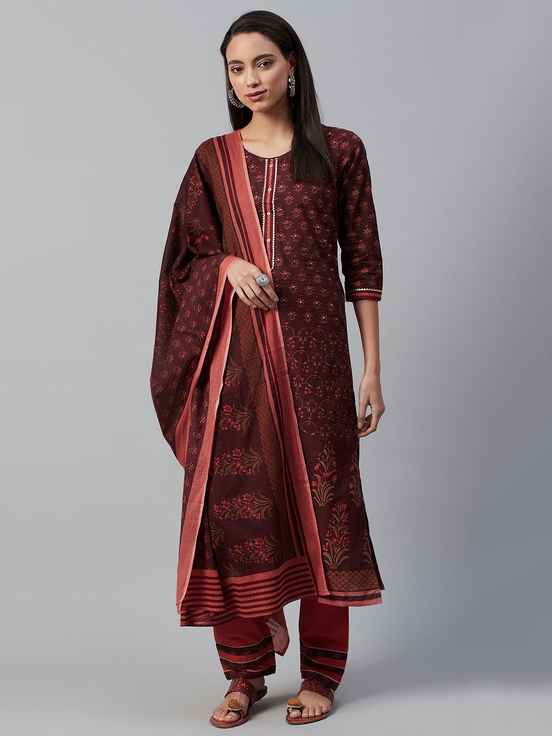 Yuris Women Burgundy & Coral Red Printed Kurta with Palazzos & Dupatta Price in India