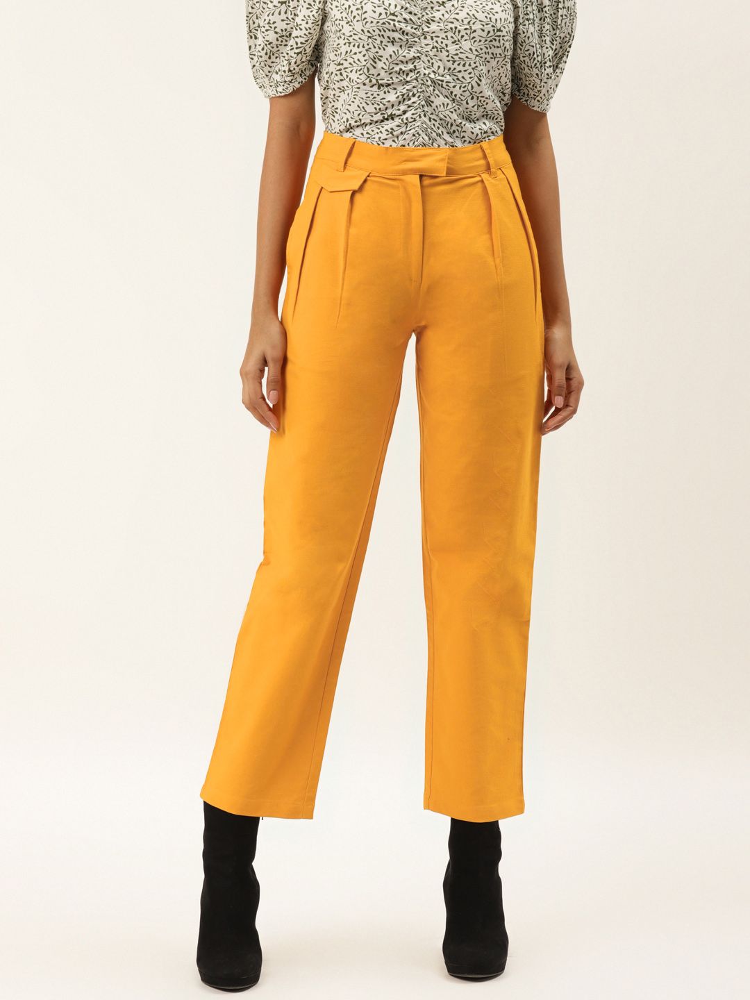 Off Label Women Yellow Regular Fit Solid Pure Cotton Cropped Parallel Trousers Price in India