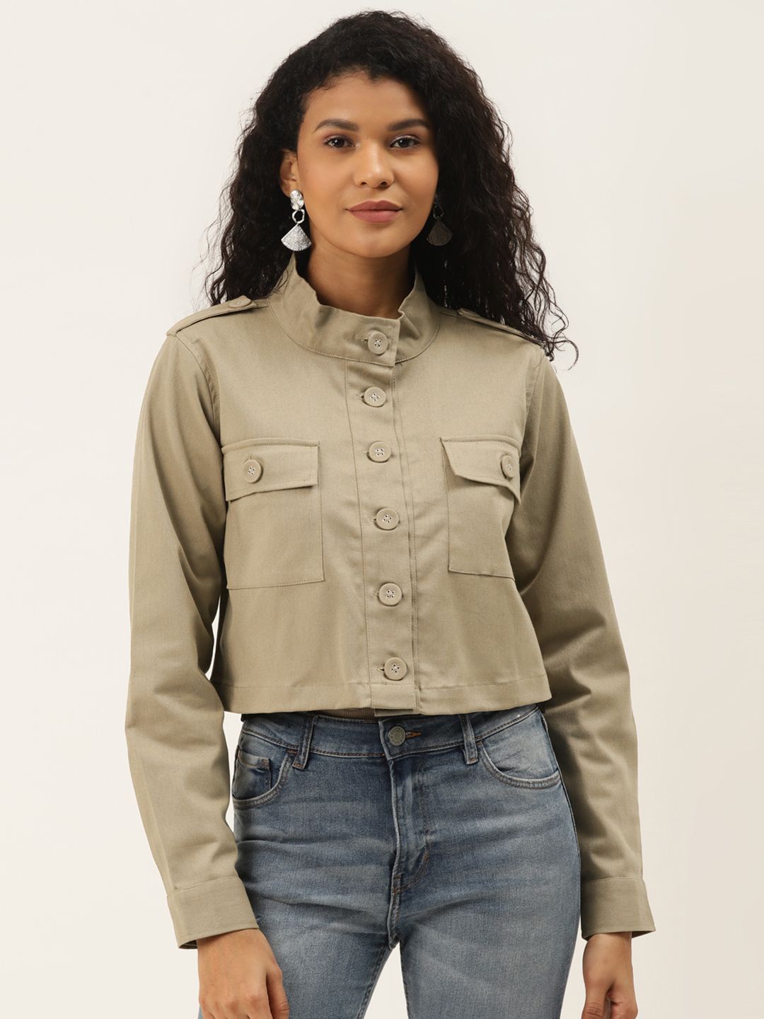 Off Label Women Khaki Solid Cropped Tailored Jacket Price in India