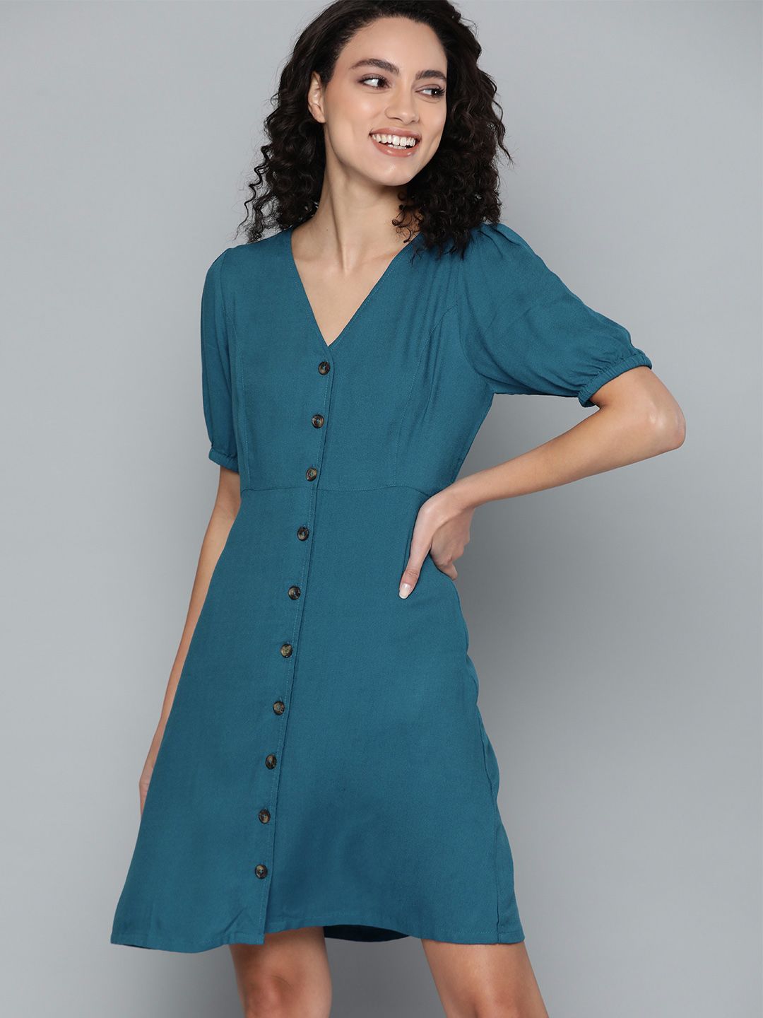 Mast & Harbour Women Teal Blue Solid A-Line Dress Price in India