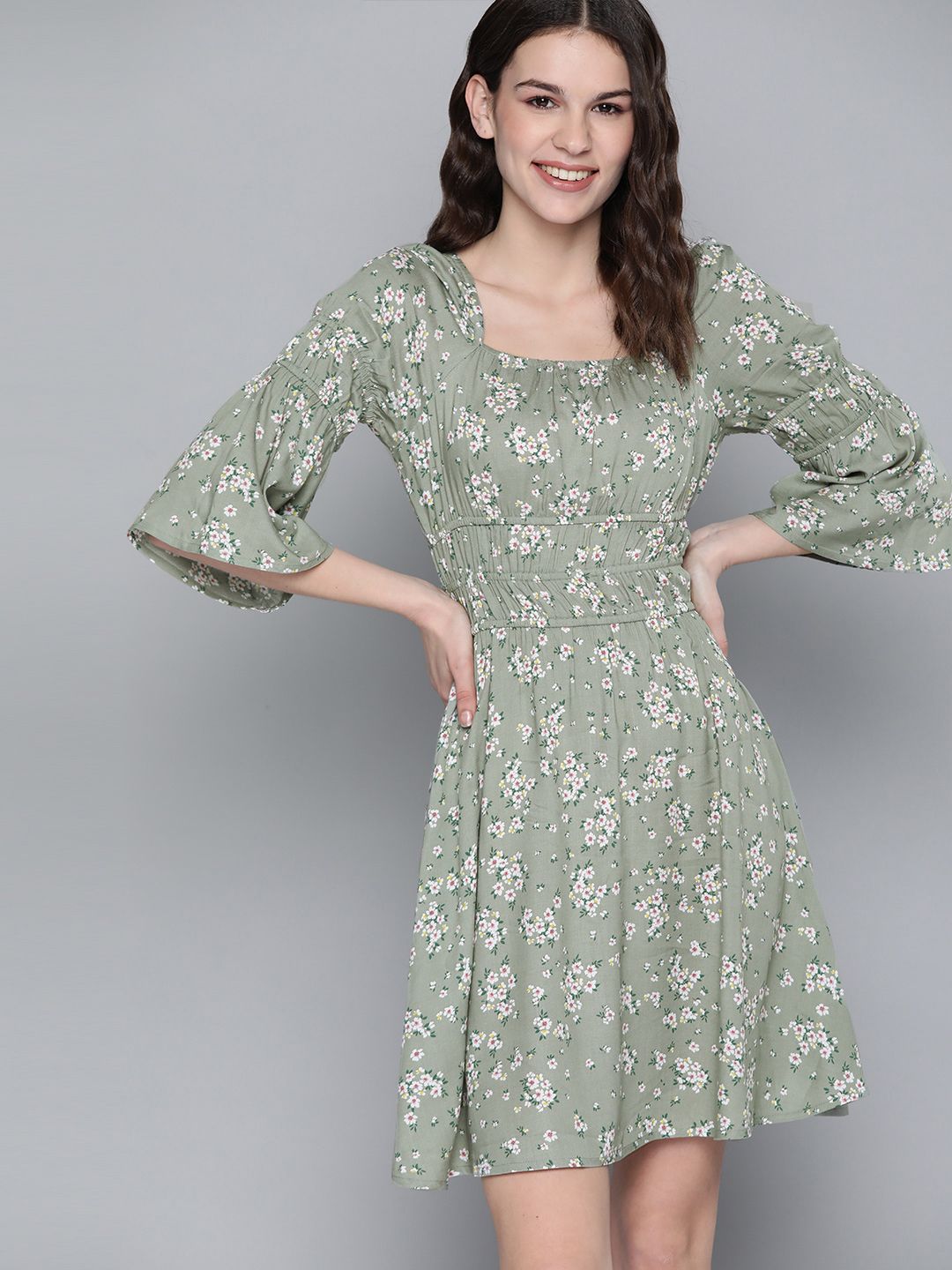 Mast & Harbour Women Green & White Floral Print Empire Dress Price in India