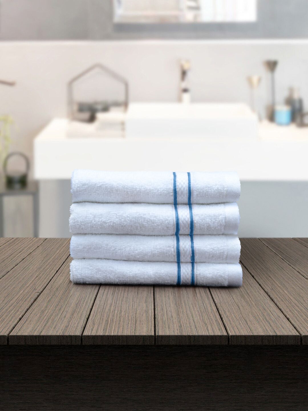 PETAL HOME Unisex Set of 4 Blue & White Striped 550 GSM Face Towels Price in India