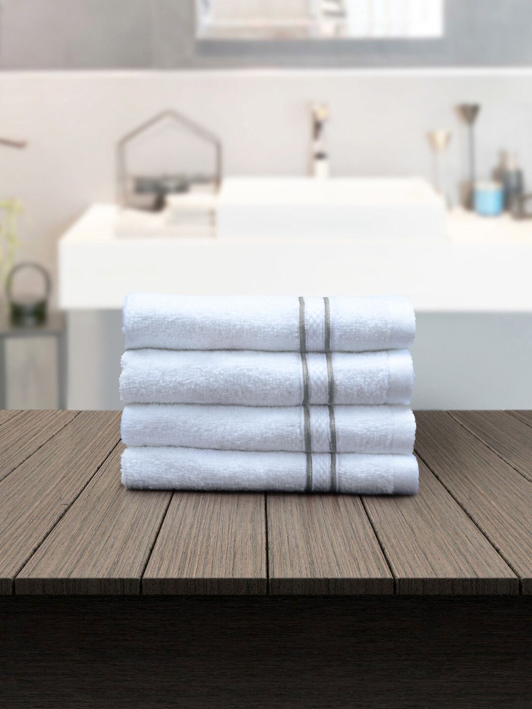 PETAL HOME Set Of 4 White & Grey Solid 550 GSM Cotton Face Towels Price in India