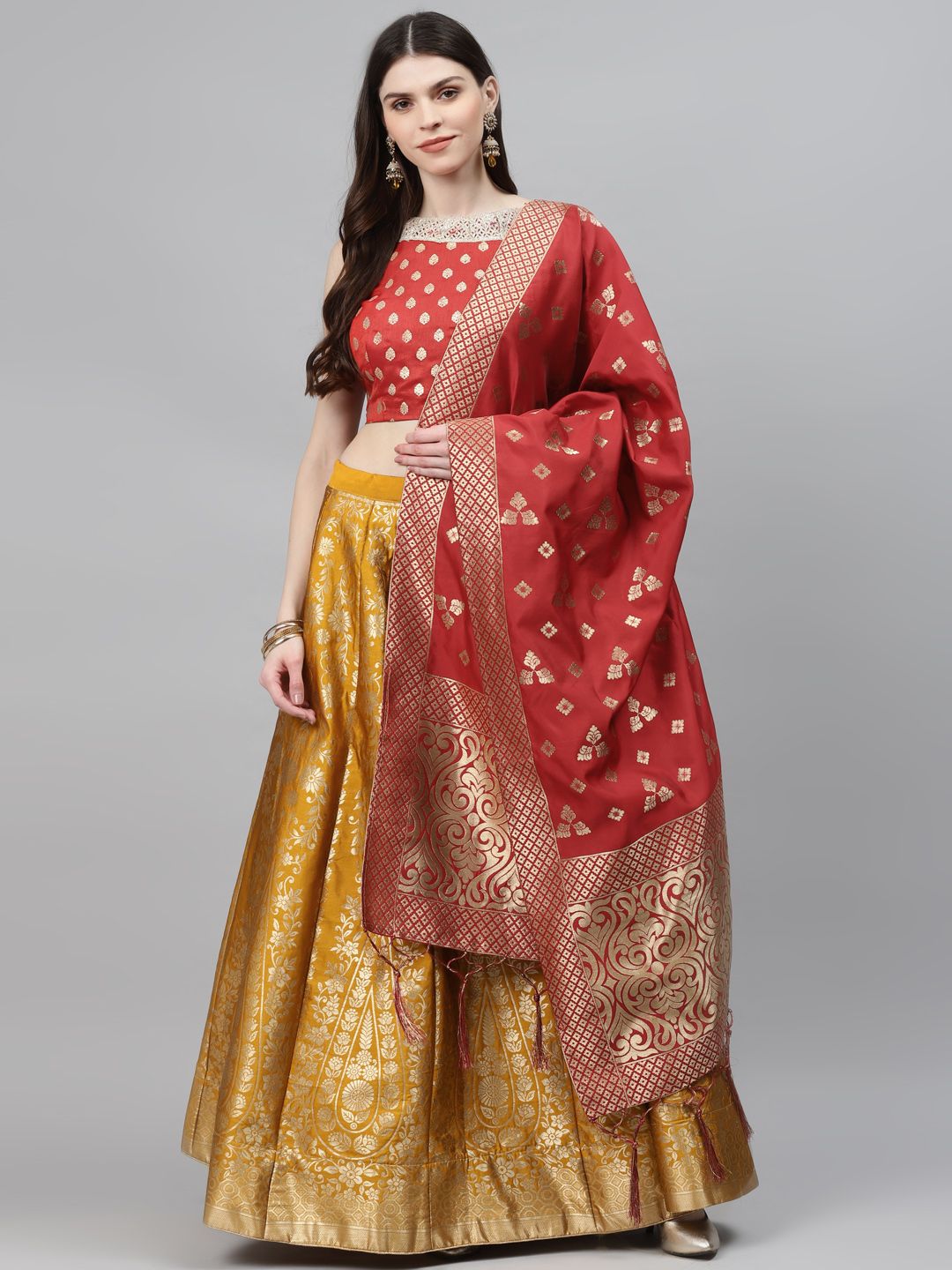 Chhabra 555 Mustard & Red Woven Design Semi-Stitched Lehenga & Unstitched Blouse with Dupatta Price in India