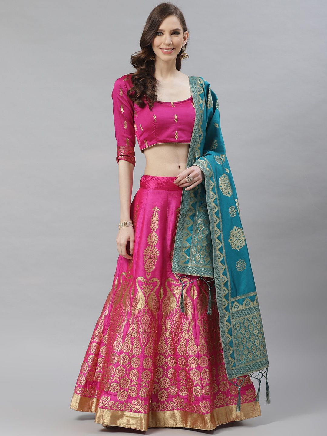 Chhabra 555 Pink & Golden Zari Woven Design Semi-Stitched Lehenga & Blouse with Dupatta Price in India