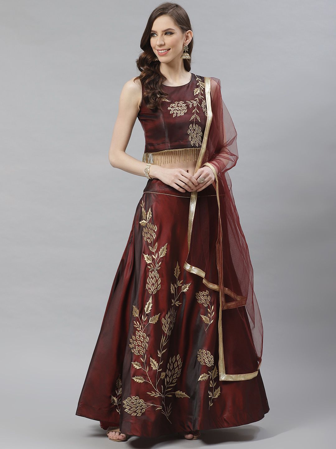 Chhabra 555 Maroon & Golden Embroidered Made to Measure Lehenga & Blouse with Dupatta Price in India