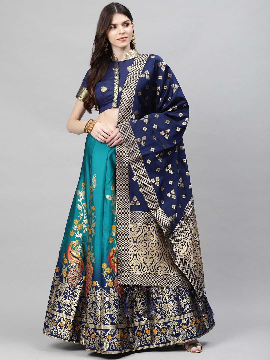 Chhabra 555 Women Blue & Golden Zari Woven Design Semi-Stitched Banarasi Lehenga Choli Price in India