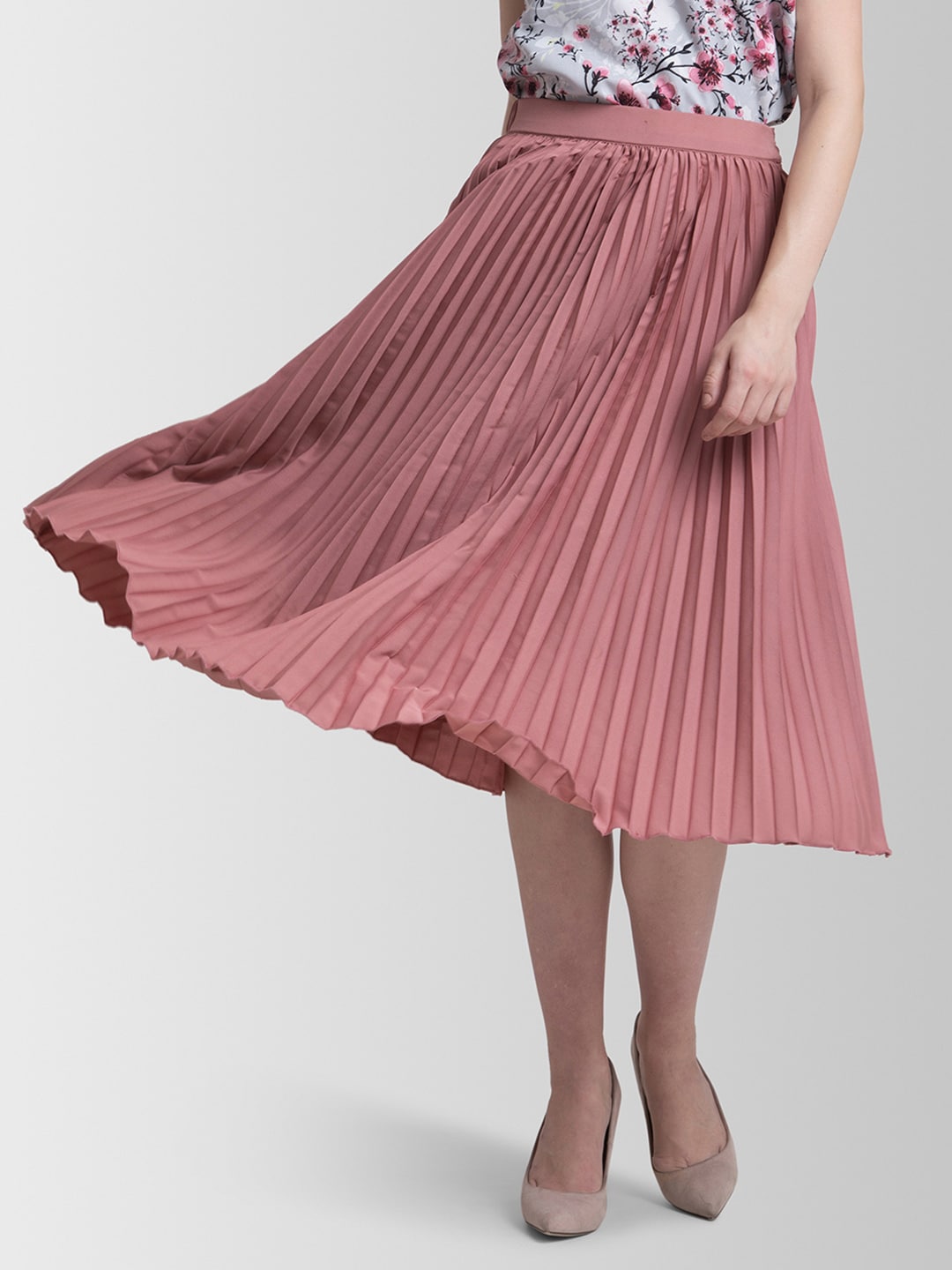 FableStreet Rose Accordion Pleats Midi Flared Skirt Price in India