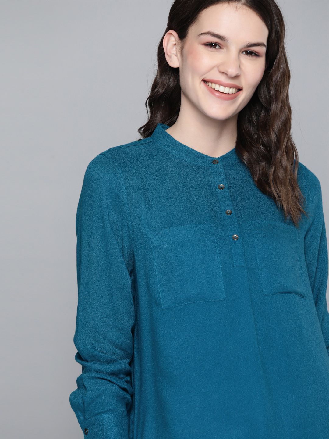 Mast & Harbour Women Teal Blue Solid Shirt Style Top