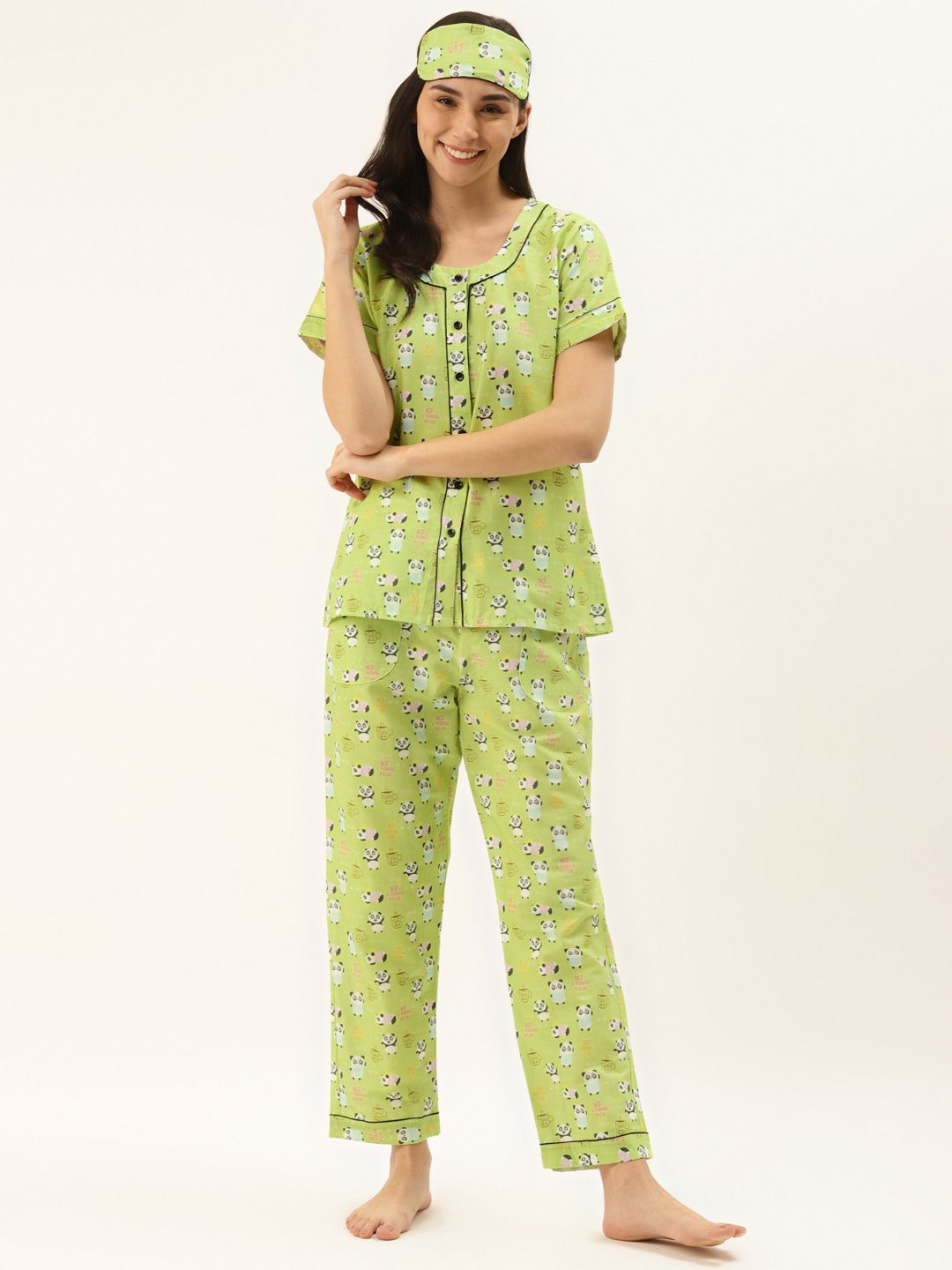 Rapra The Label Women Green & Off-White Pure Cotton Panda Print Night suit with Eye Mask Price in India