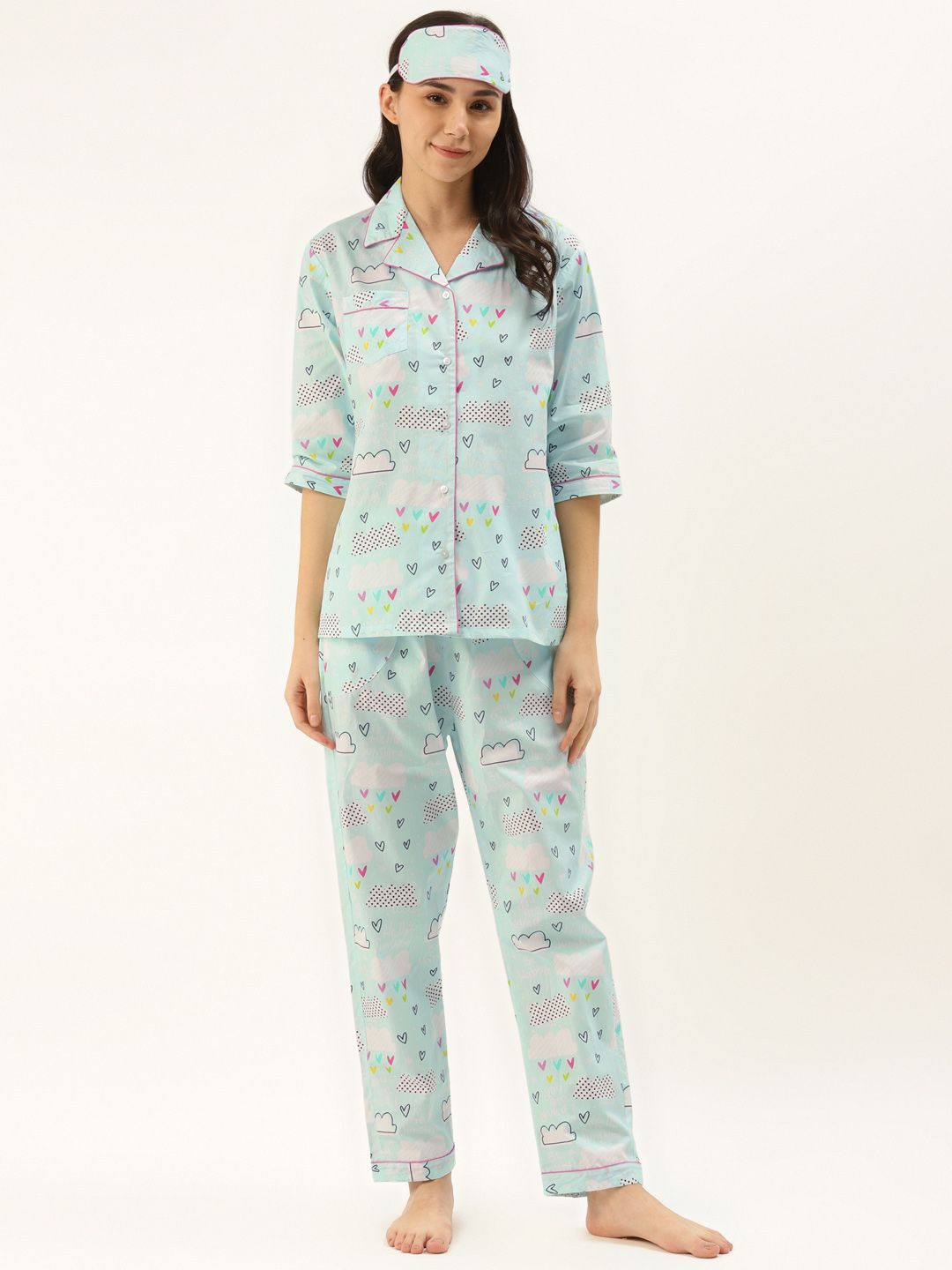 Rapra The Label Women Blue & Pink Heart Printed Pure Cotton Night Suit With Eye Mask Price in India