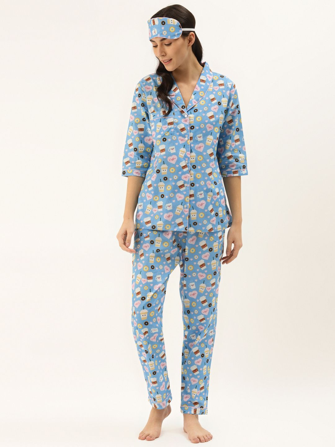 Rapra The Label Women Blue & White Pure Cotton Coffee Print Night Suit with Eye Mask Price in India