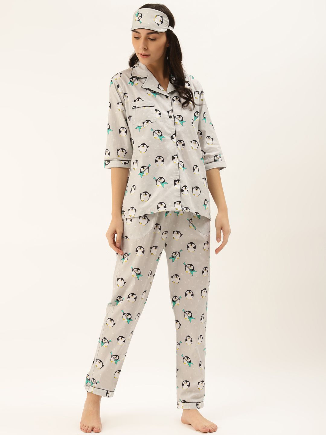 Rapra The Label Women Grey & Black Penguin Printed Pure Cotton Night Suit With Eye Mask Price in India