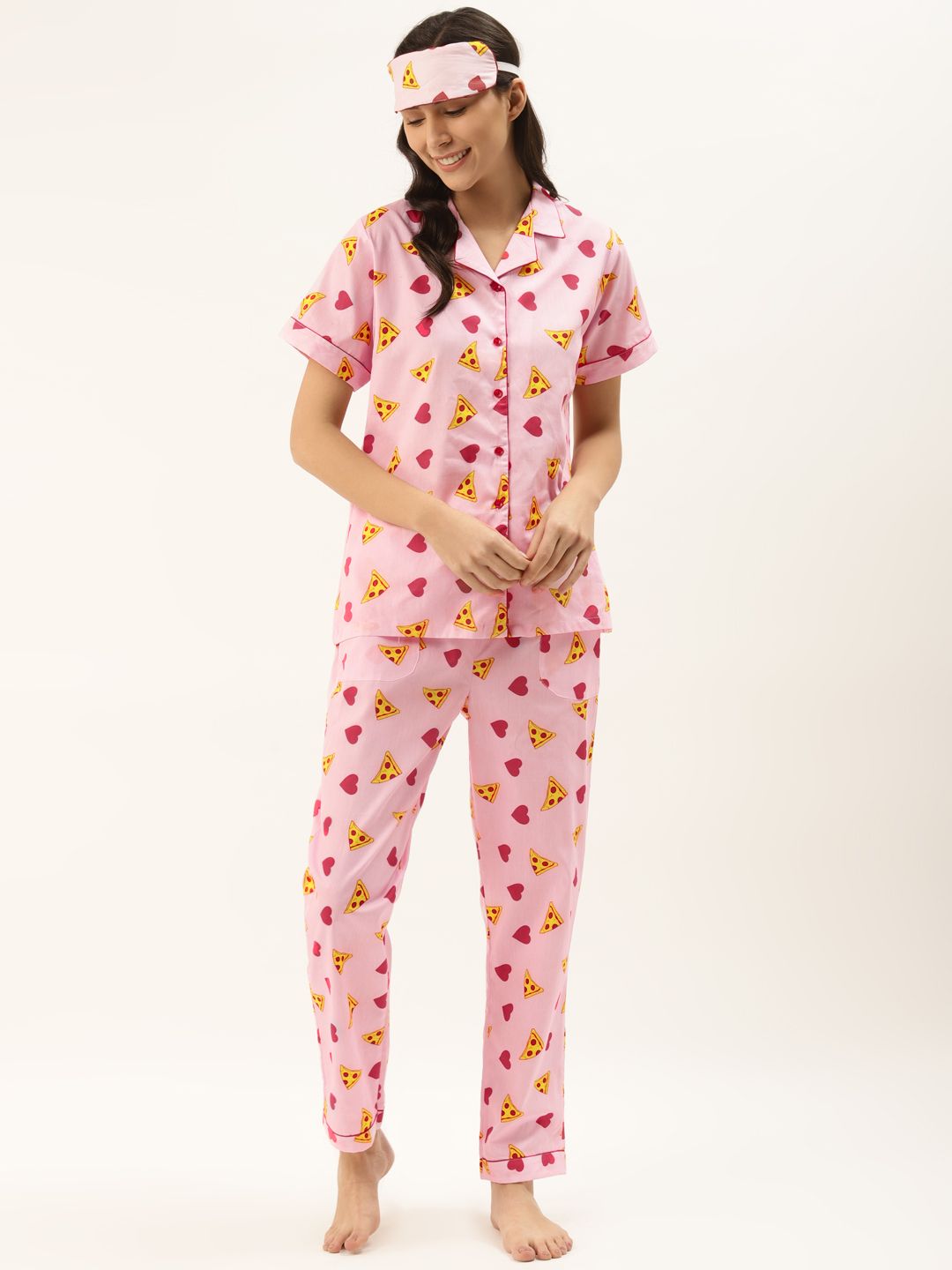 Rapra The Label Women Pink & Yellow Pizza Printed Pure Cotton Night Suit With Eye Mask Price in India