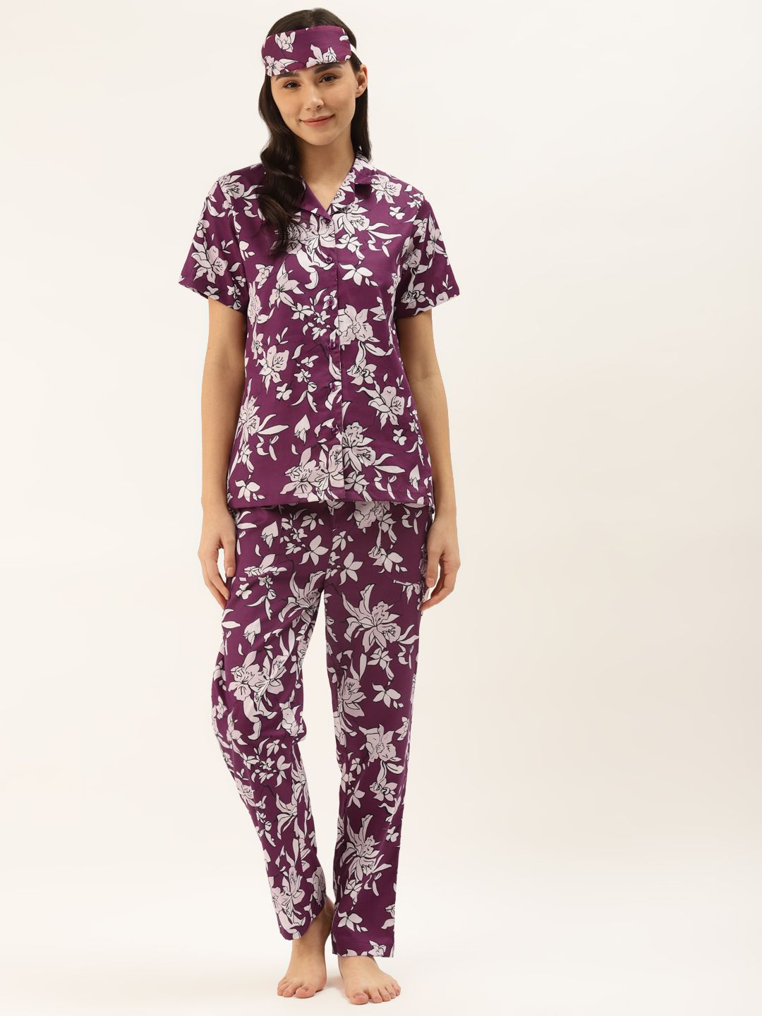 Rapra The Label Women Purple & White Floral Printed Pure Cotton Night Suit With Eye Mask Price in India