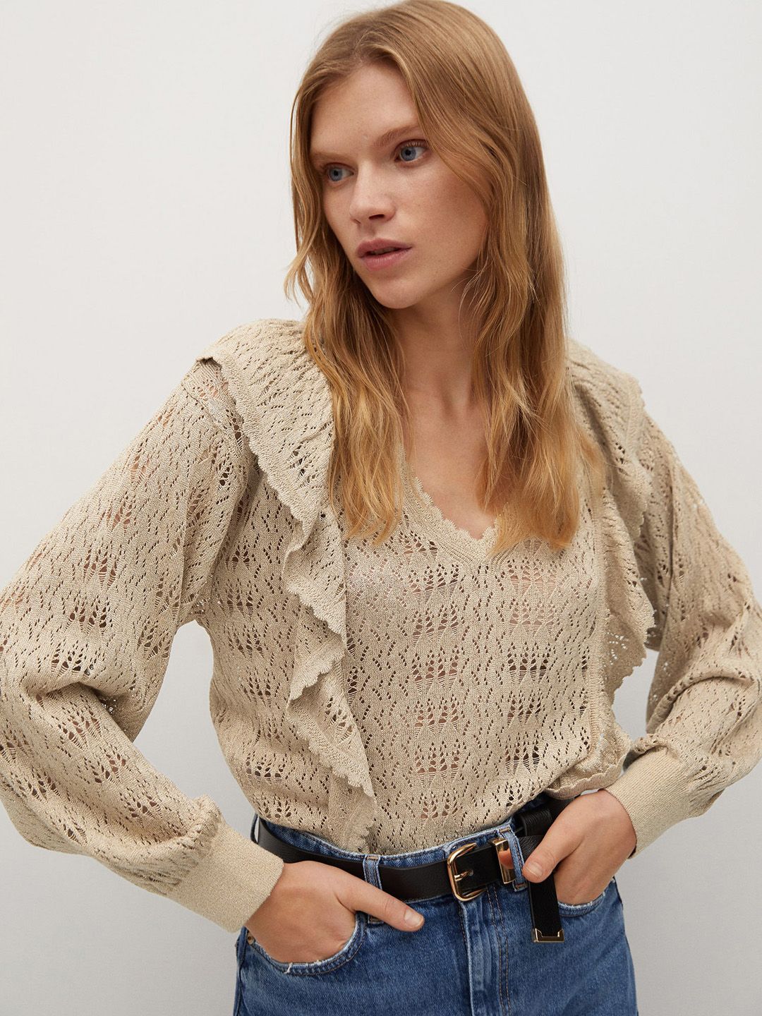 MANGO Women Beige Ruffled Open Knit Pullover Price in India