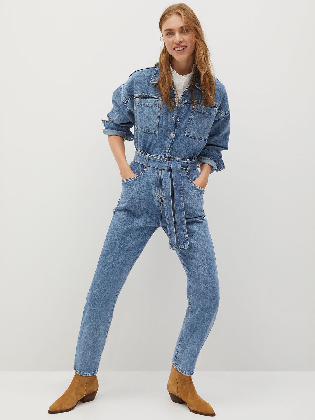 MANGO Blue Solid Cotton Sustainable Basic Jumpsuit with Belt Price in India