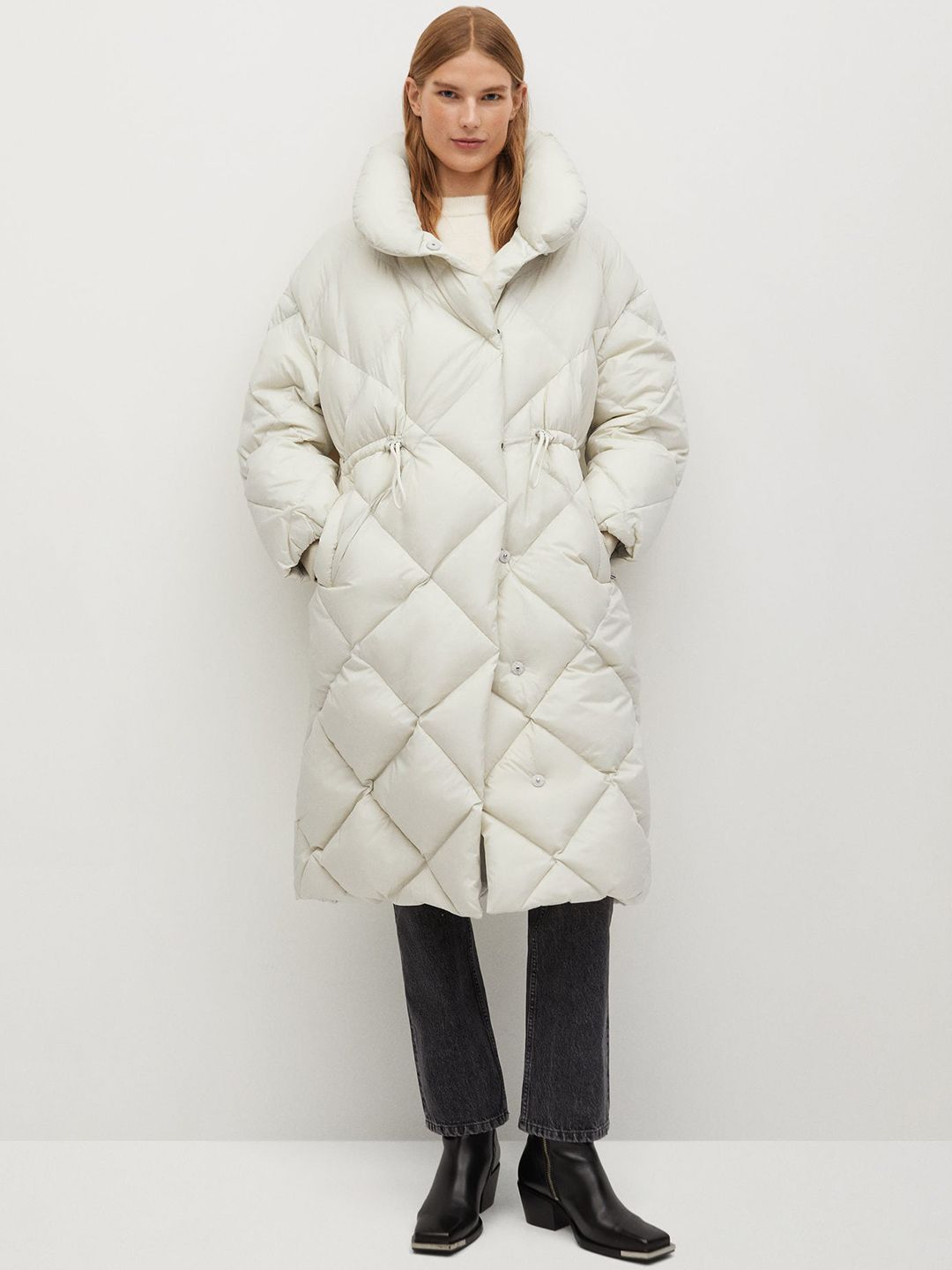 MANGO Women White Longline Quilted Jacket Price in India