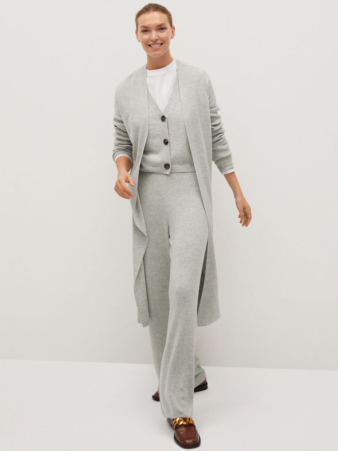 MANGO Women Grey Melange Sustainable Open Front Solid Longline Sweater Price in India