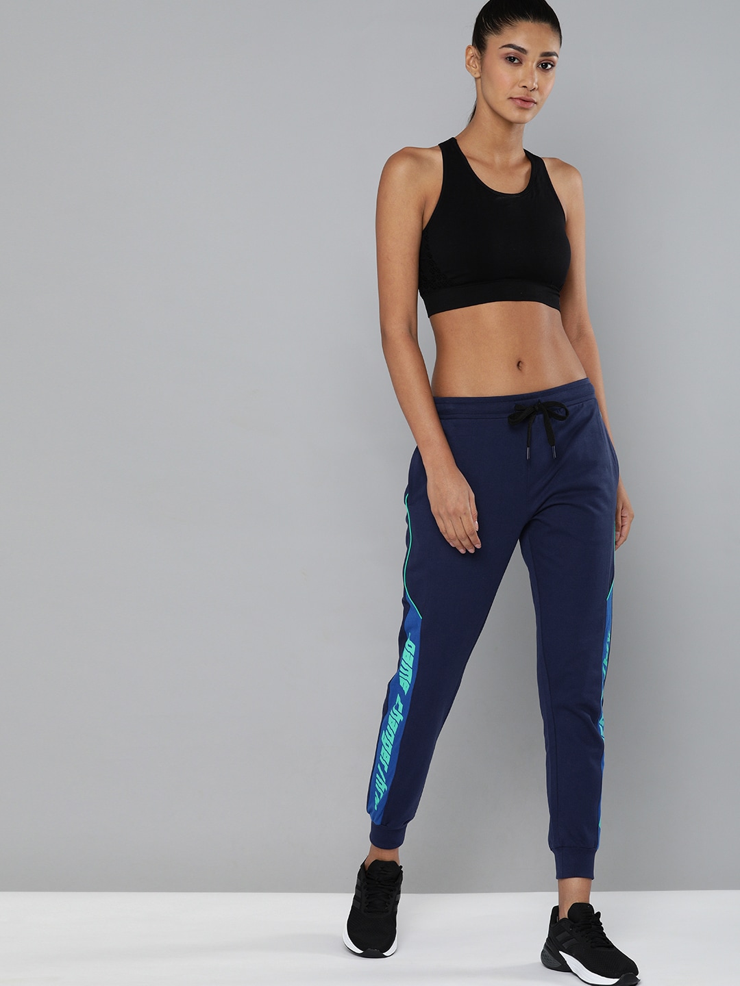 HRX By Hrithik Roshan Women Navy Blue Side Stripe Straight Fit Bio-Wash Lifestyle Joggers Price in India
