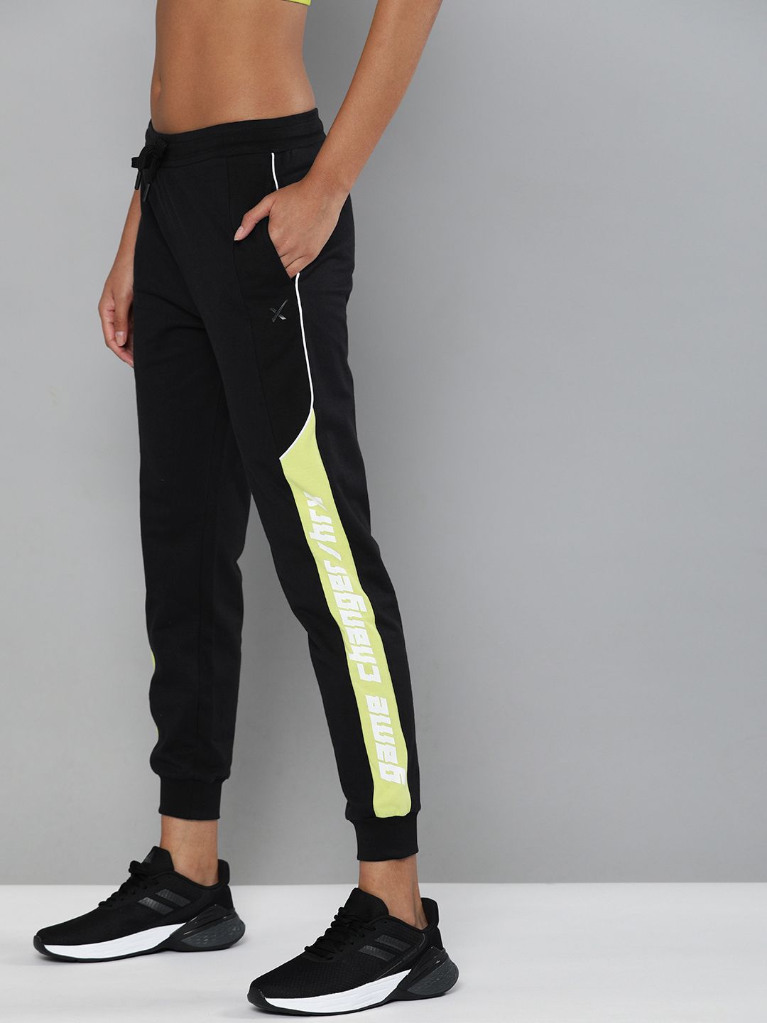 HRX By Hrithik Roshan Women Black Side Stripe Straight Fit Bio-Wash Lifestyle Joggers Price in India