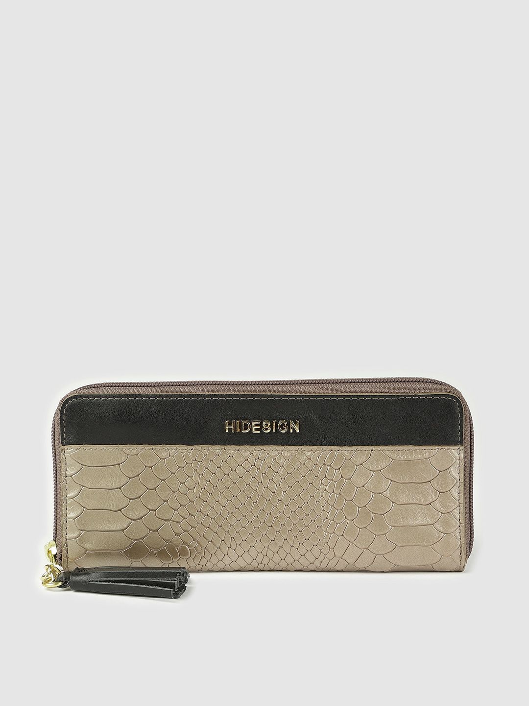 Hidesign Women Gold-Toned & Black Snakeskin Textured Leather Zip Around Wallet Price in India