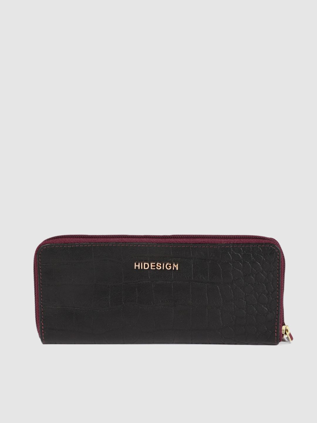 Hidesign Women Black Animal Textured Zip Around Wallet Price in India