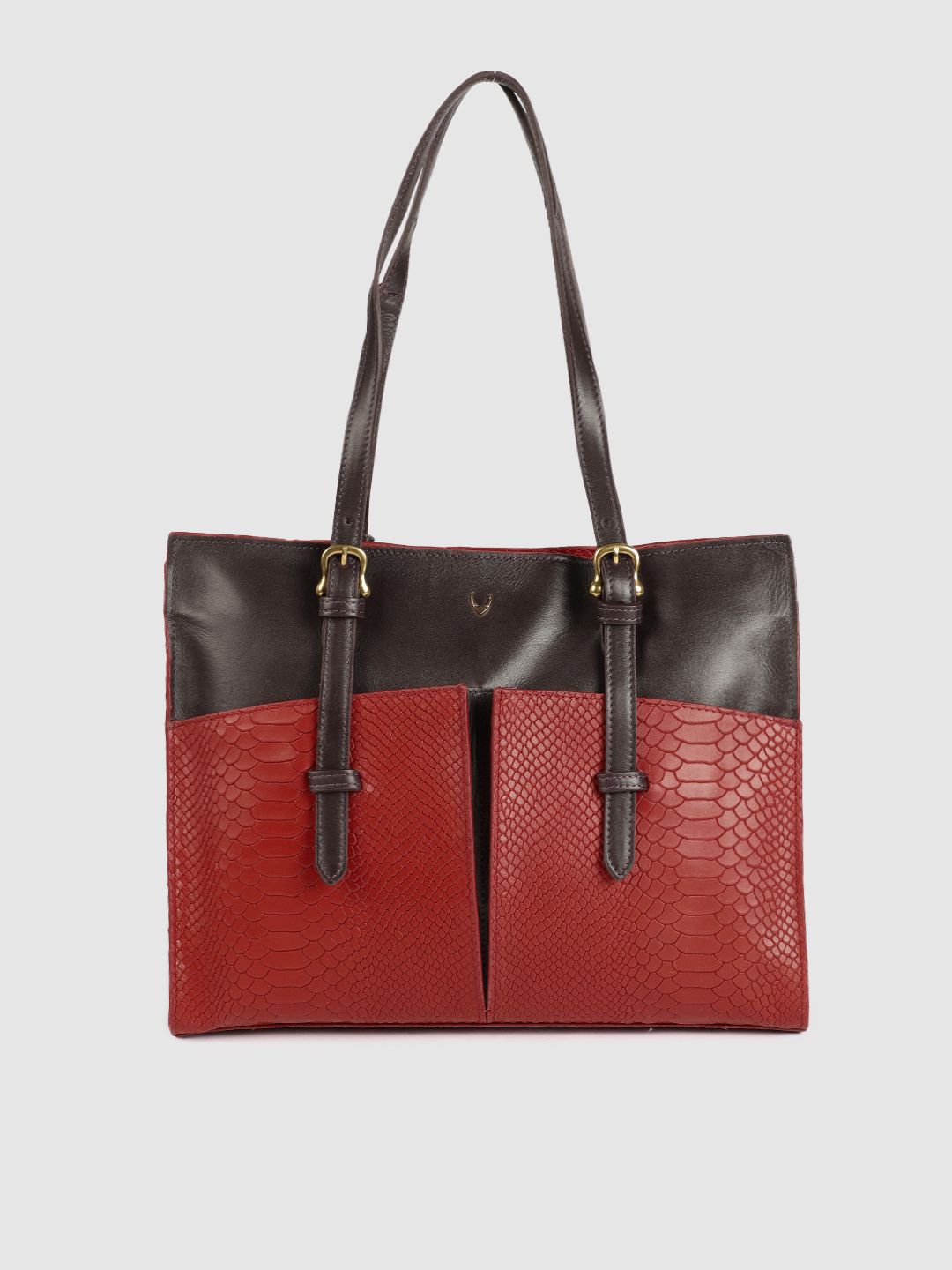Hidesign Red & Coffee Brown EE VIRGO Colourblocked Snakeskin Textured Leather Shoulder Bag Price in India