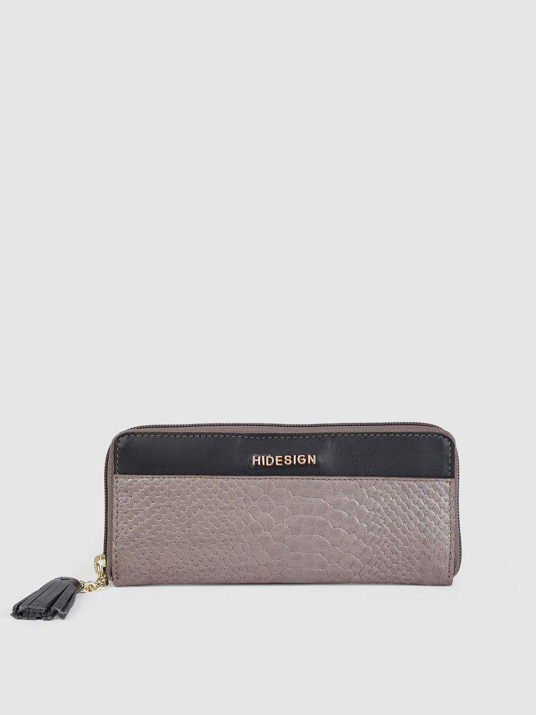 Hidesign Women Grey & Black Textured Zip Around Leather Wallet Price in India