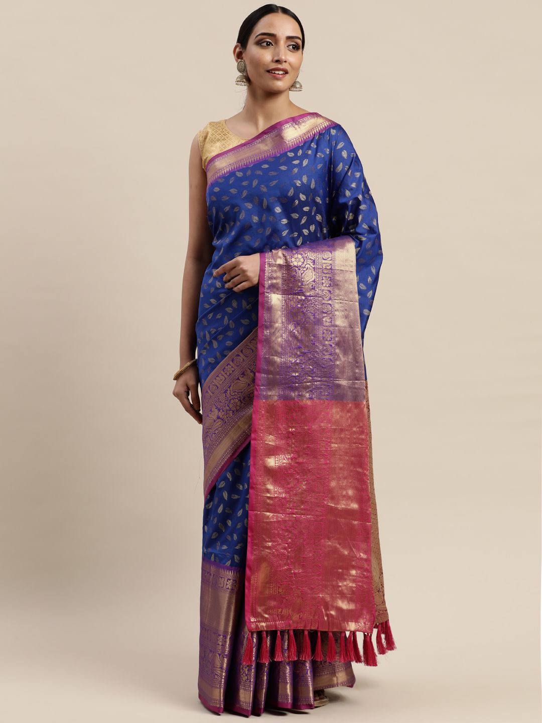 VASTRANAND Blue & Gold-Toned Silk Cotton Woven Design Banarasi Saree