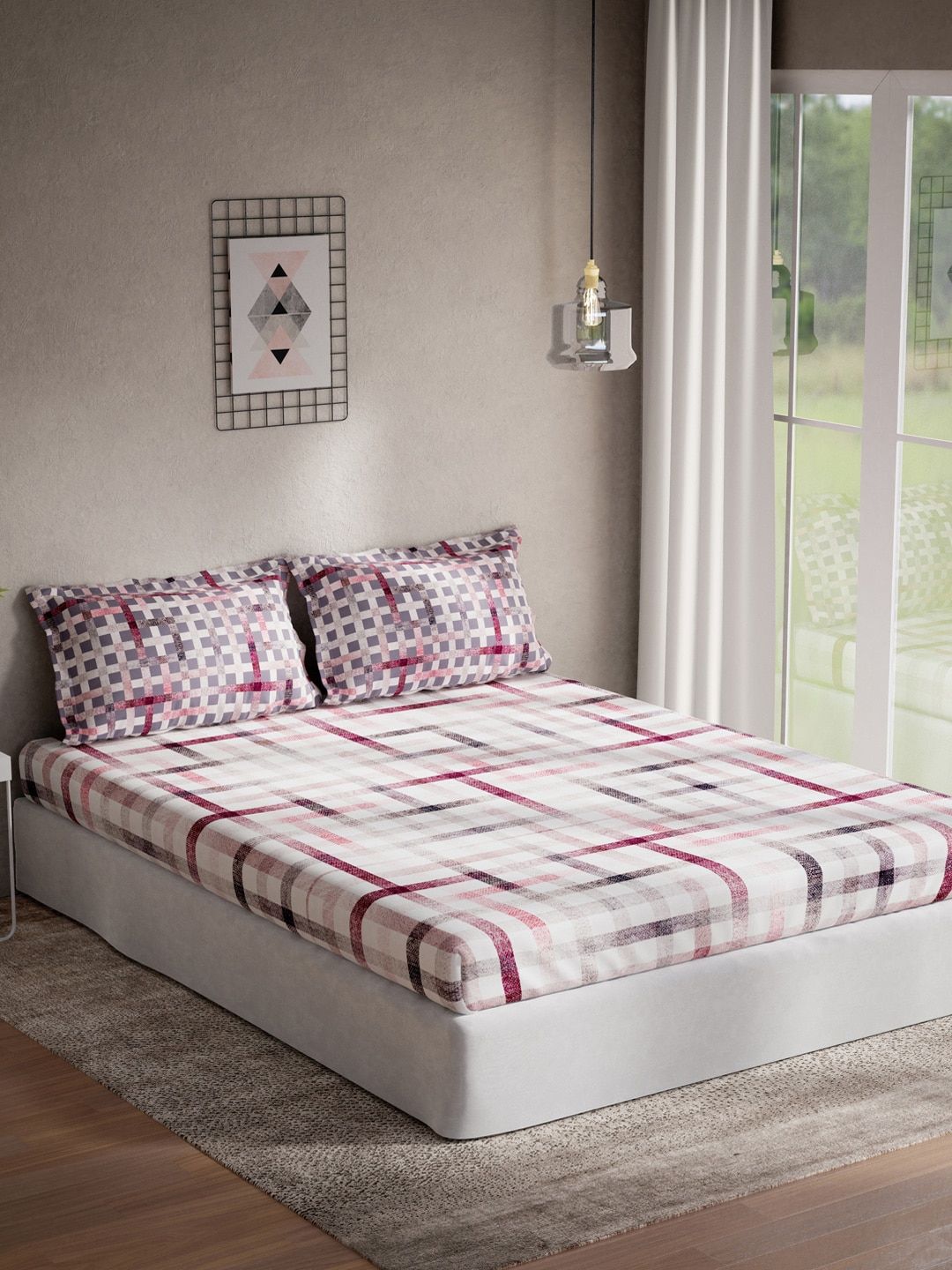 DDecor Red & White Checked 144 TC Cotton  King Bedsheet with 2 Pillow Covers Price in India