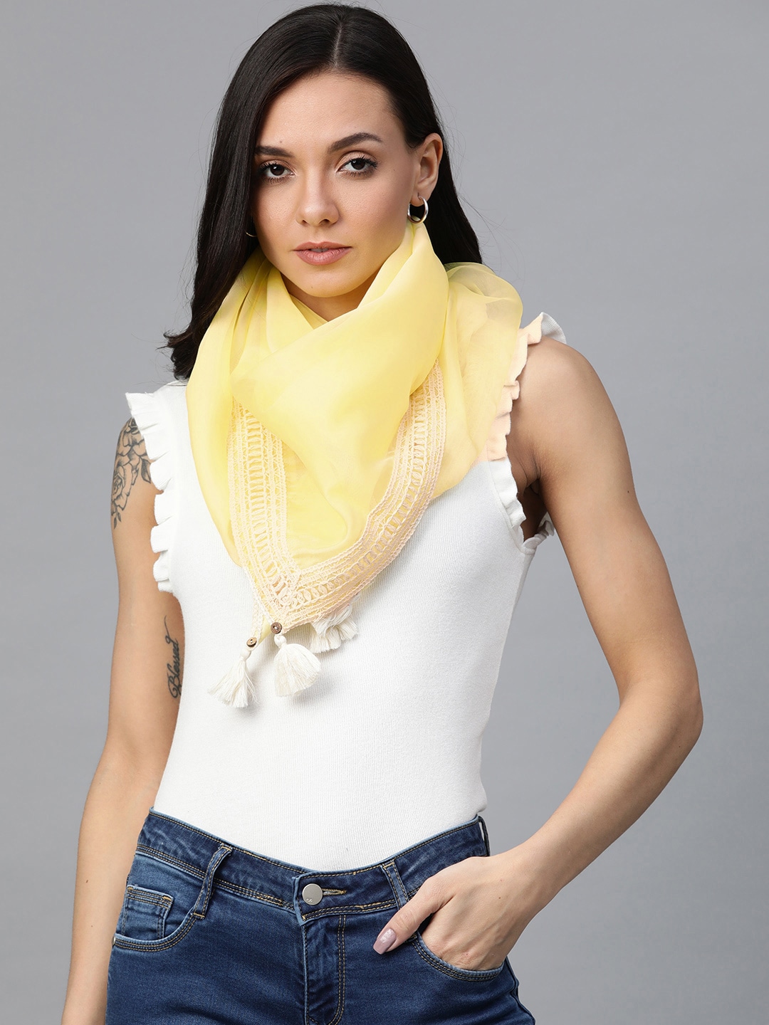 W Women Yellow Solid Organza Scarf Price in India