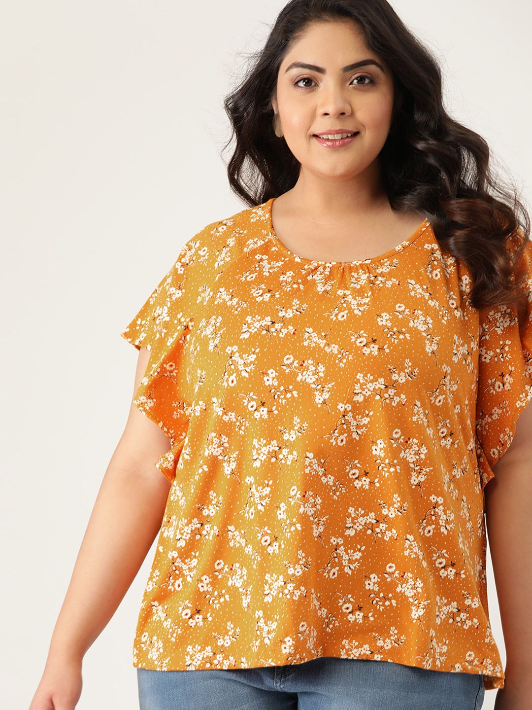 Sztori Women Plus Size Mustard Yellow Floral Print Flared Sleeves Regular Top