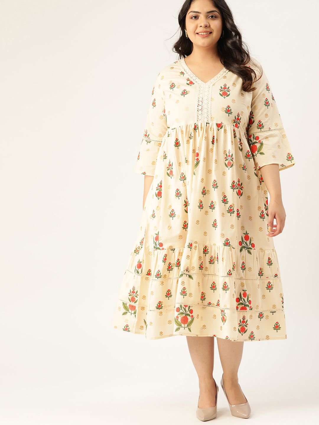 Sztori Plus Size Cream Coloured & Pink Floral Printed Pure Cotton Tiered A-Line Dress Price in India
